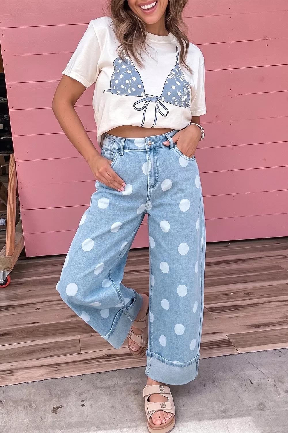 Polka Dot Ankle-Length Metal Button Casual Jeans, image 3