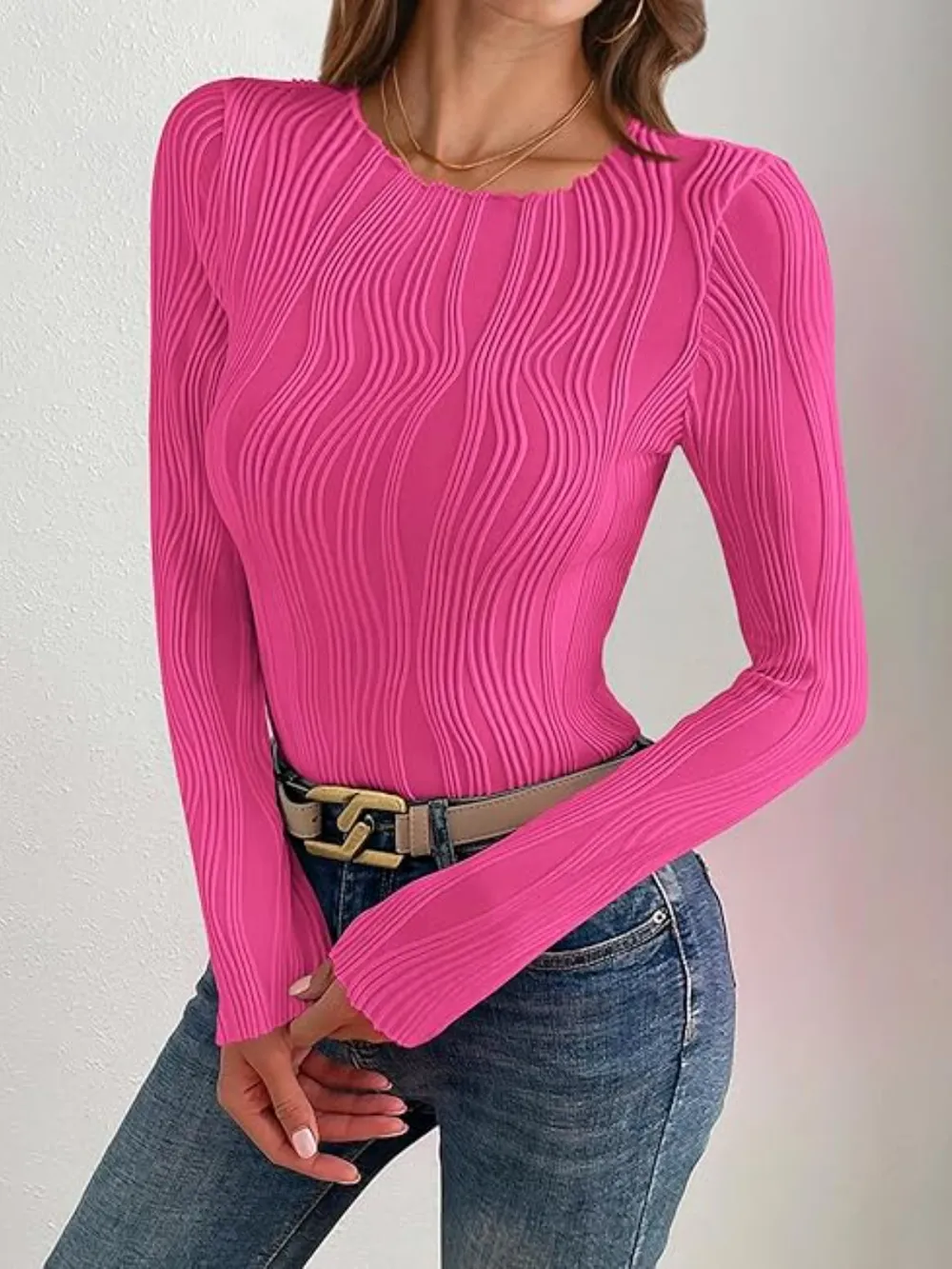 Textured Round Neck Long Sleeve Top, image 4