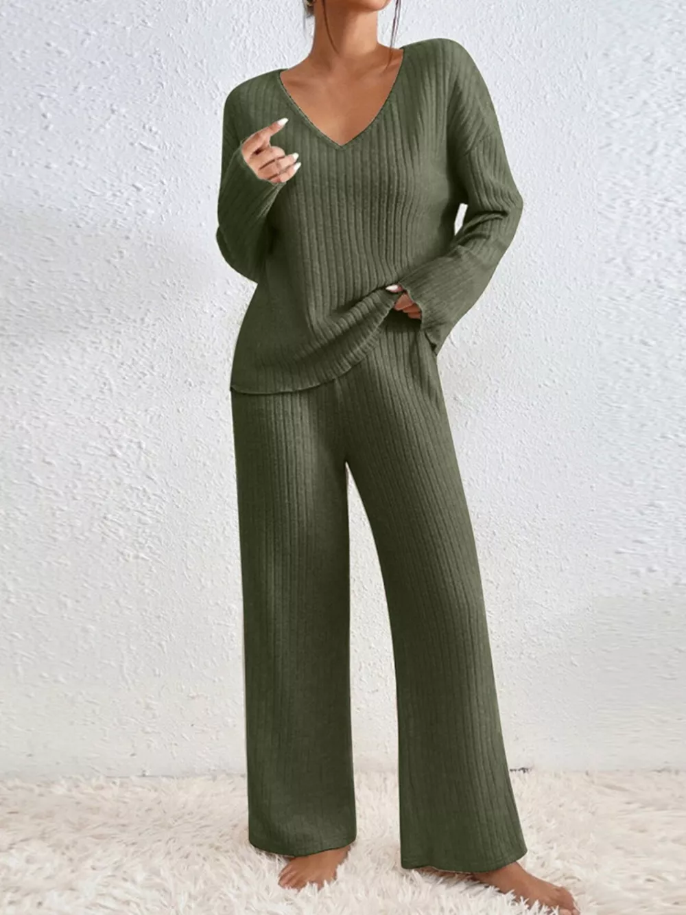 Ribbed Knit V-Neck Top and Pants Set, image 10