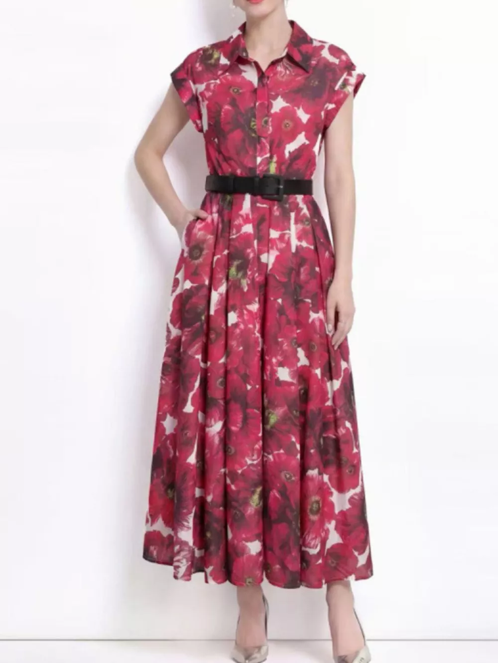 Printed Button Front Cap Sleeve Dress, image 4