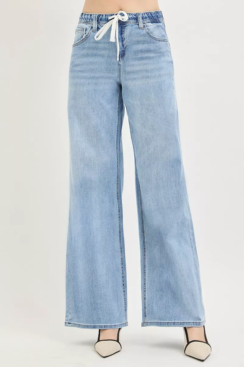 Elastic Band Slouchy Wide Jeans with Drawstring, image 2