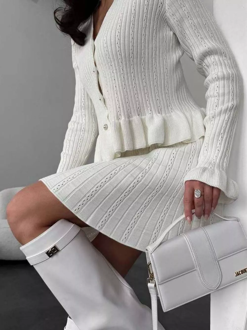 Ruffle Trim Knit Cardigan & Skirt Set, image 9