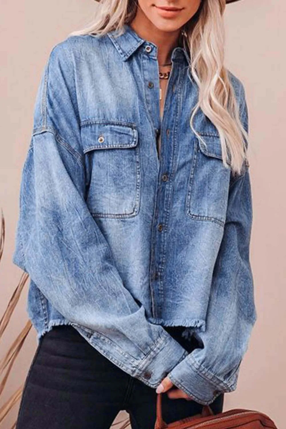 Collared Neck Raw Hem Long Sleeve Denim Shirt, image 4