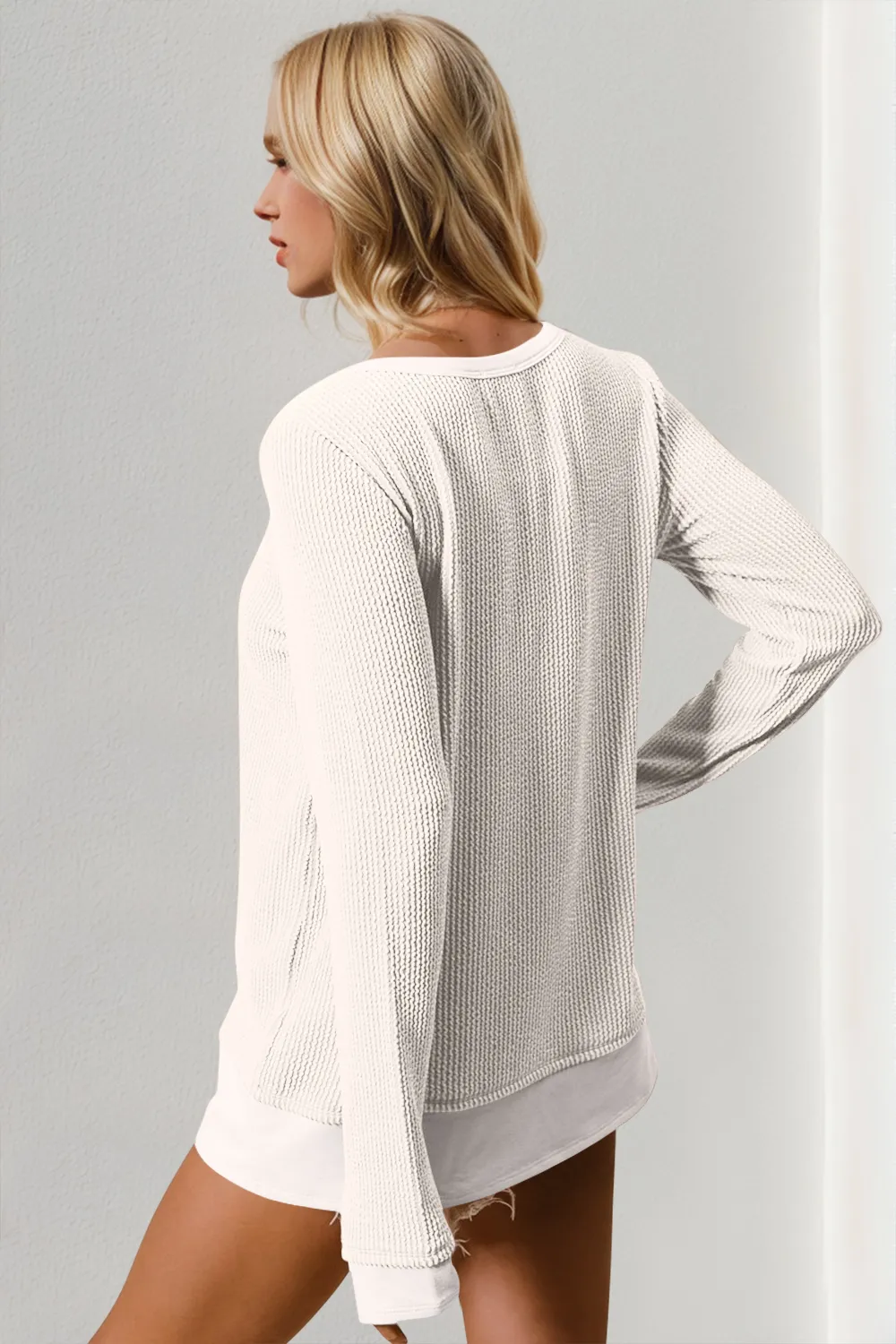 Corded Rib Thumbhole Cuff Round Neck T-Shirt, image 3