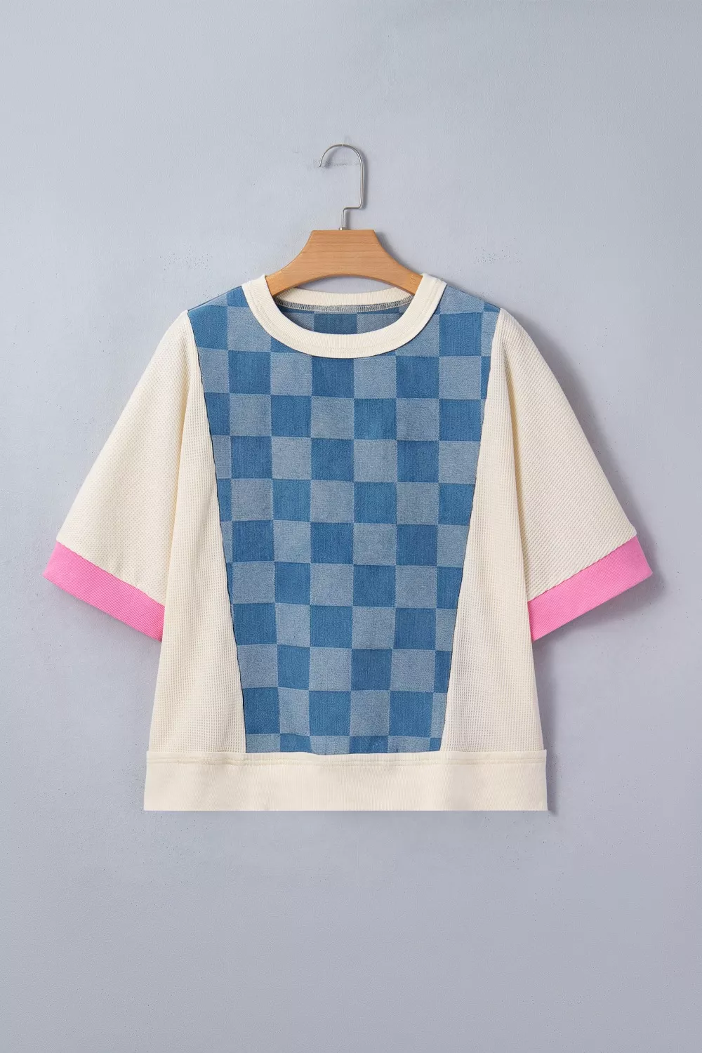 Checkered Denim Patchwork Short Sleeve Loose Top, image 6