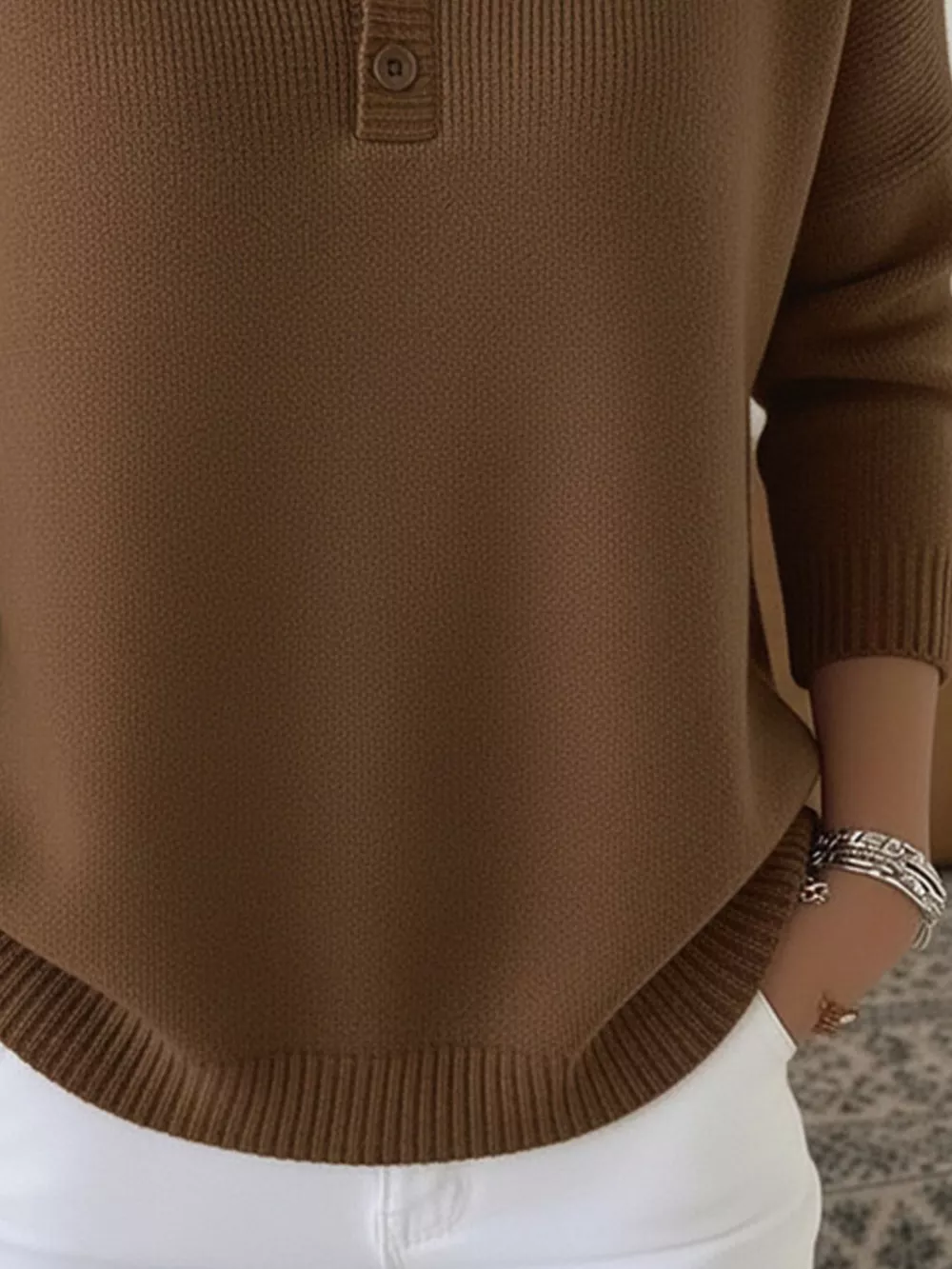 Full Size Half Button Long Sleeve Knit Top Plus Size, image 14