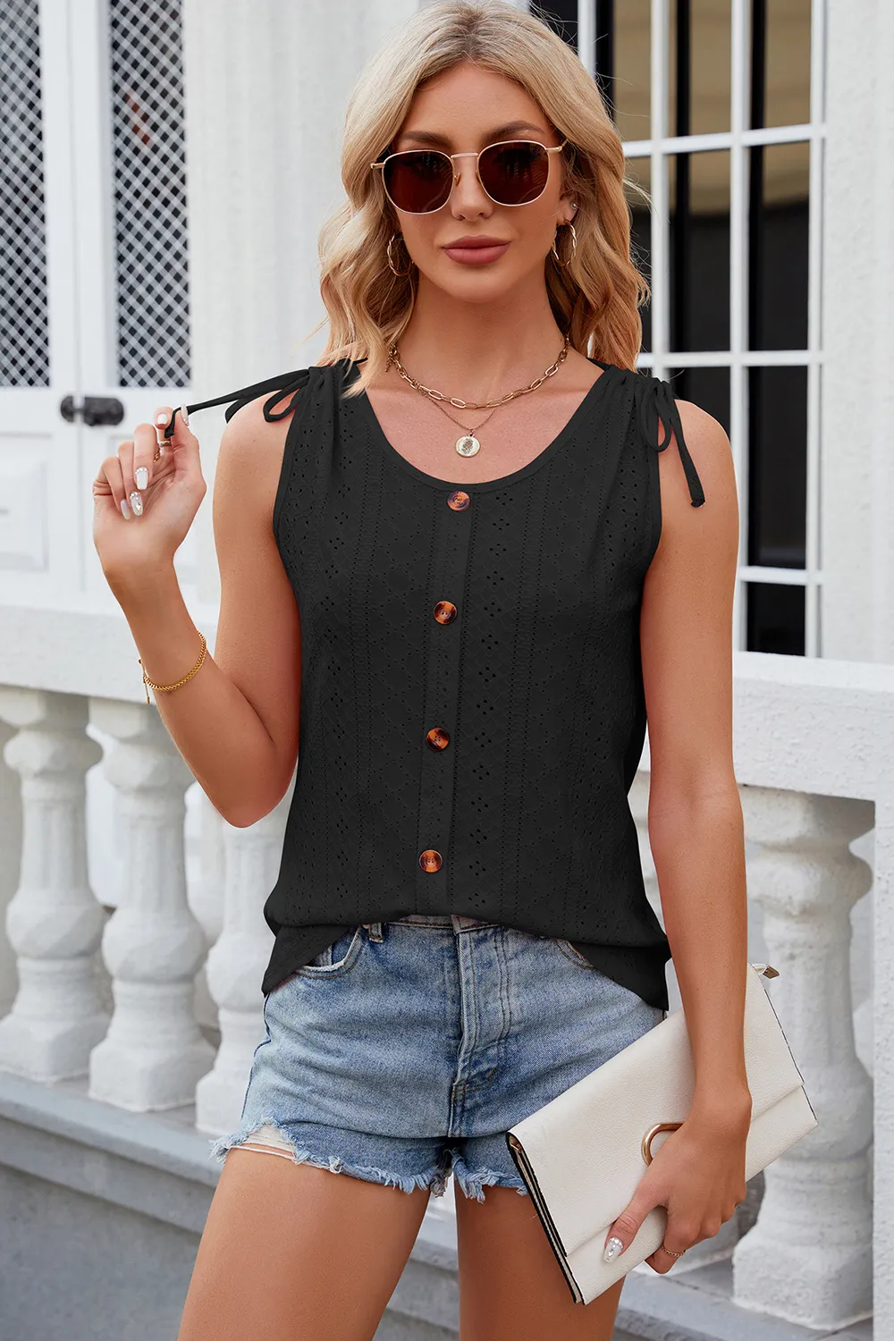 Eyelet Round Neck Wide Strap Tank, image 15