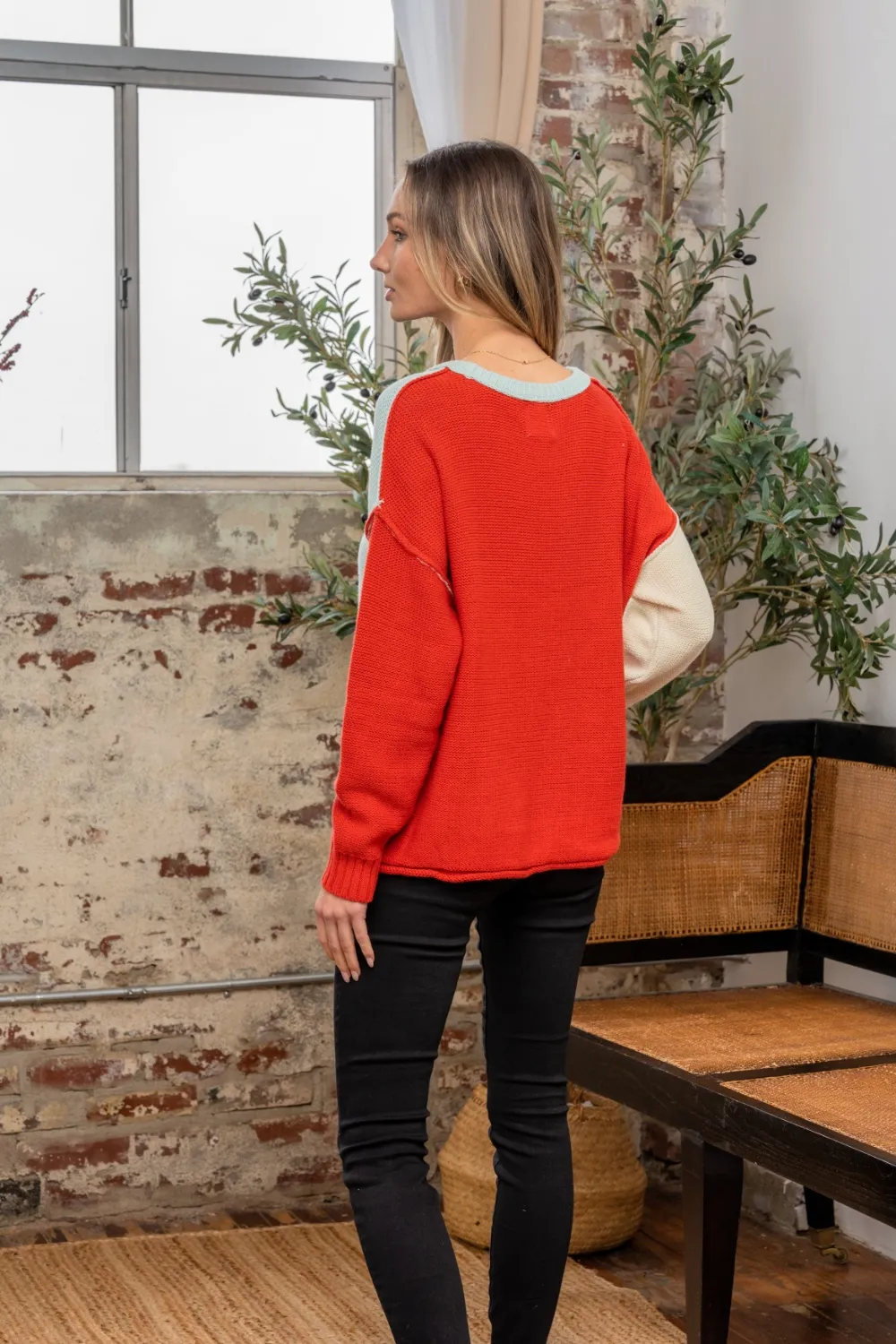 Full Size Color Block Drop Shoulder Sweater, image 2