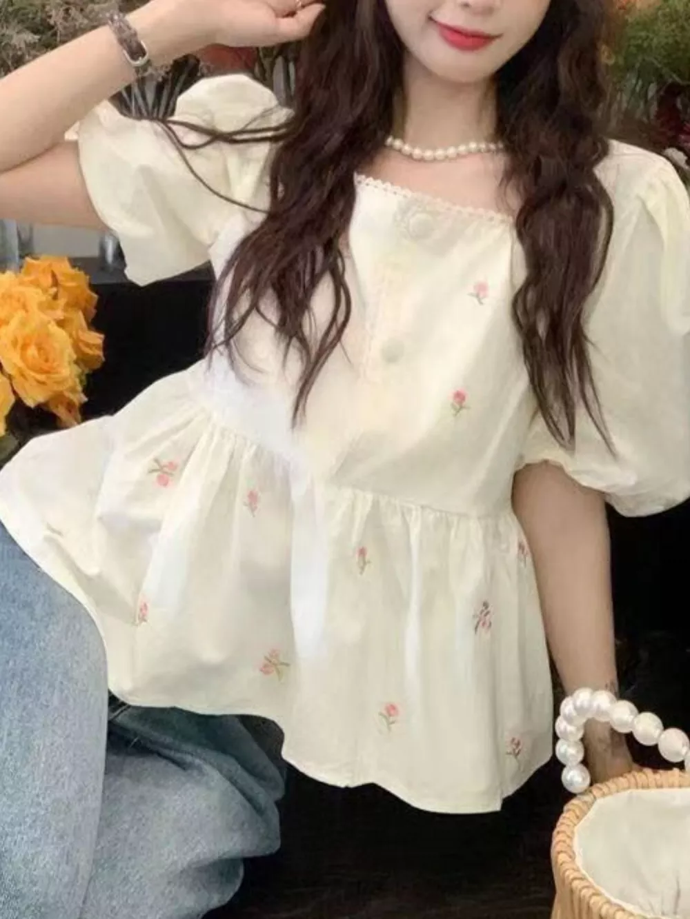 Floral Embroidered Puff Sleeve Peplum Blouse, image 5