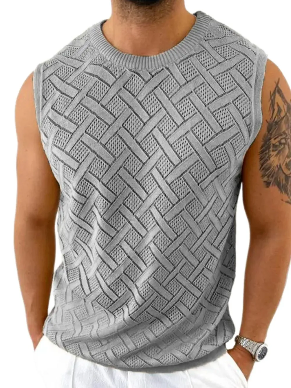 Men's Round Neck Sleeveless Eyelet Knit Top, image 4