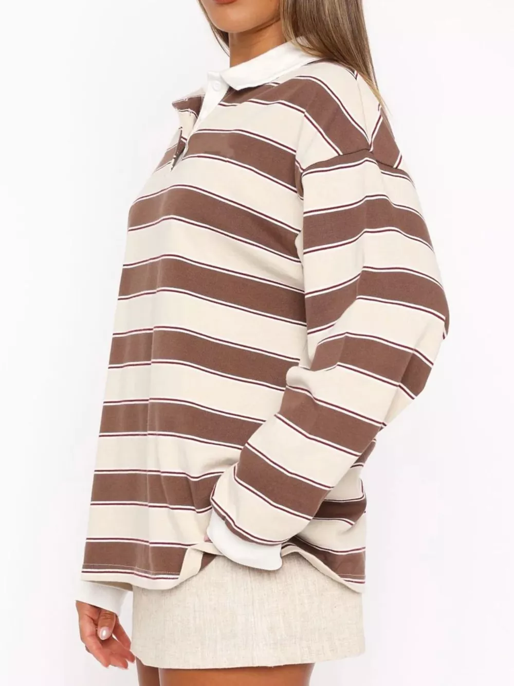 Striped Button Detail Long Sleeve Polo, image 3