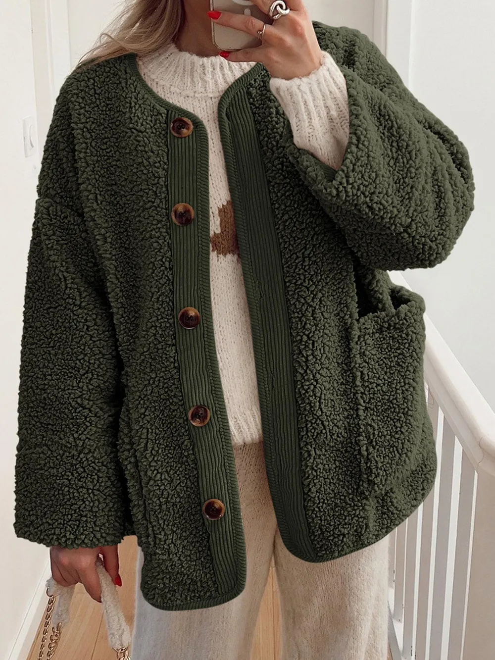 Contrast Button Up Sherpa Jacket with Pockets, image 6