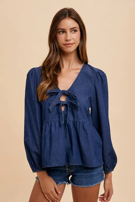 Tie Front Peplum Long Sleeve Denim Top, image 5