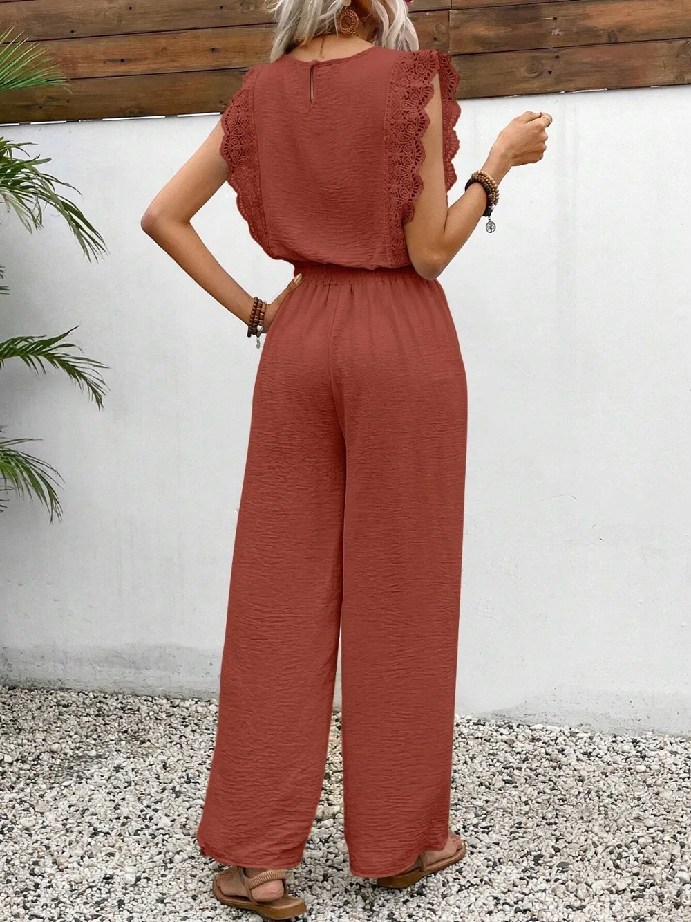 Lace Trim Round Neck Top and Pants Set, image 30