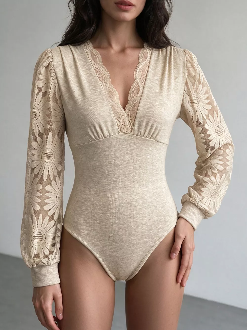 V-Neck Lace Trim Floral Mesh Sleeve Bodysuit, image 2