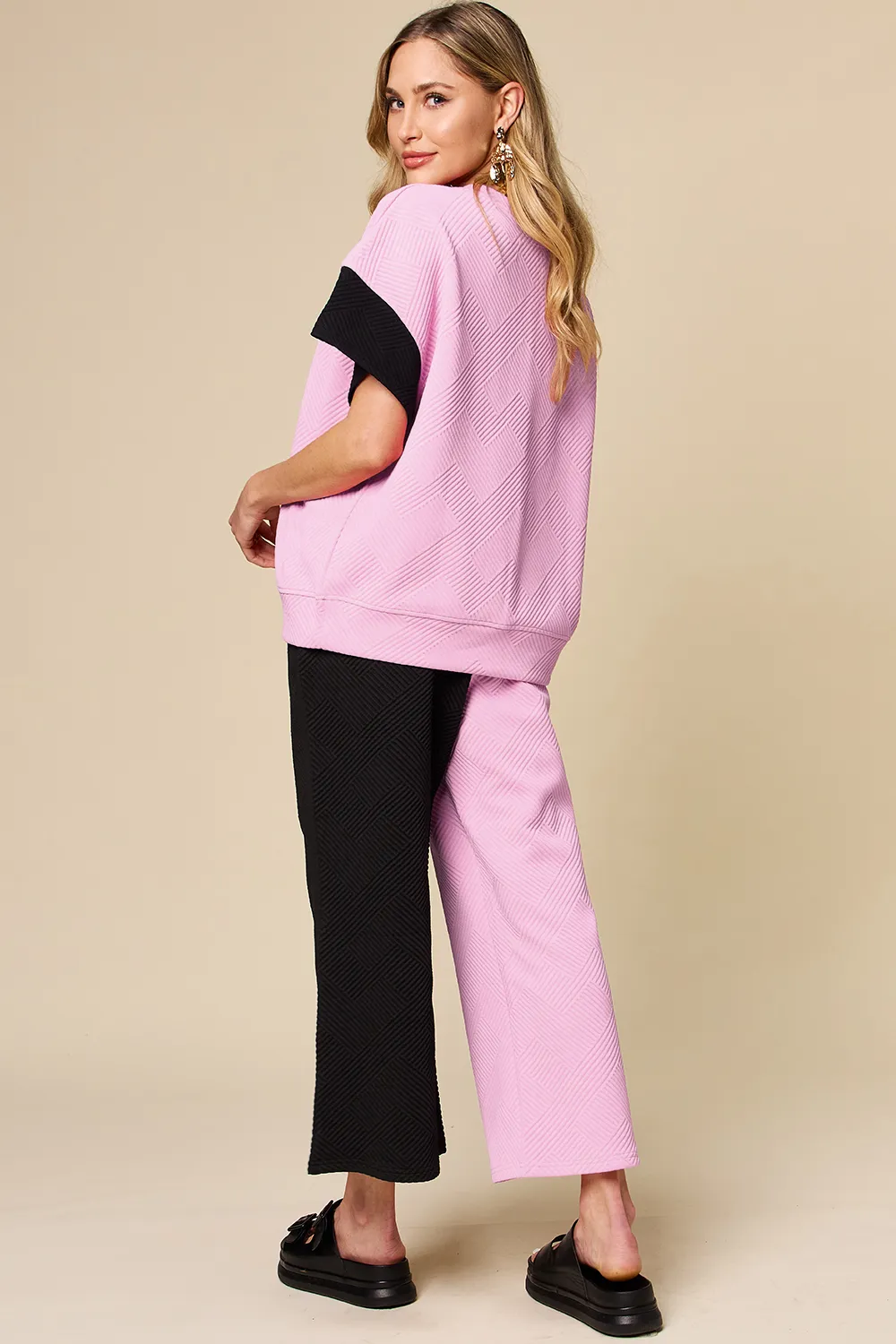 Full Size Texture Contrast T-Shirt and Wide Leg Pants Set, image 22