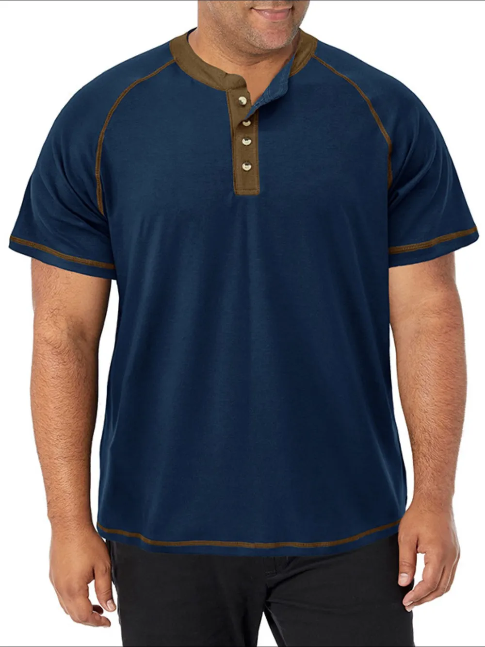 Men's Plus Size Contrast Stitch Henley Polo Shirt, image 11