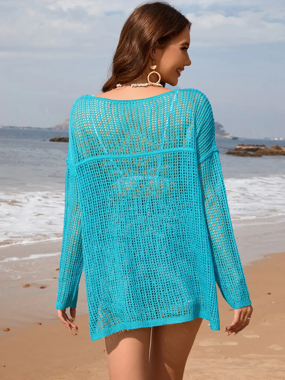 Openwork Slit Boat Neck Long Sleeve Cover-Up, image 2