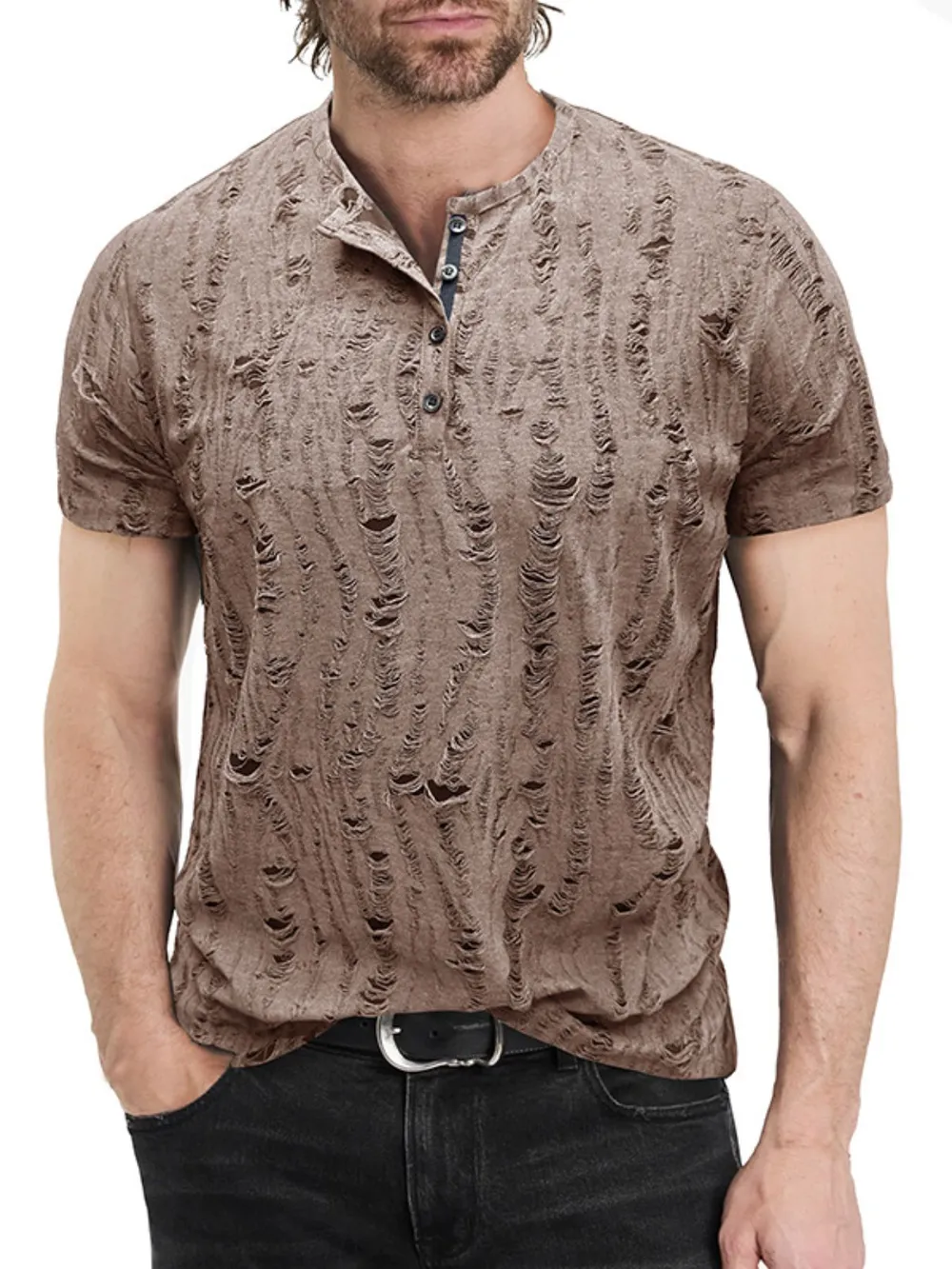 Men's Distressed Henley Short Sleeve Top, image 3