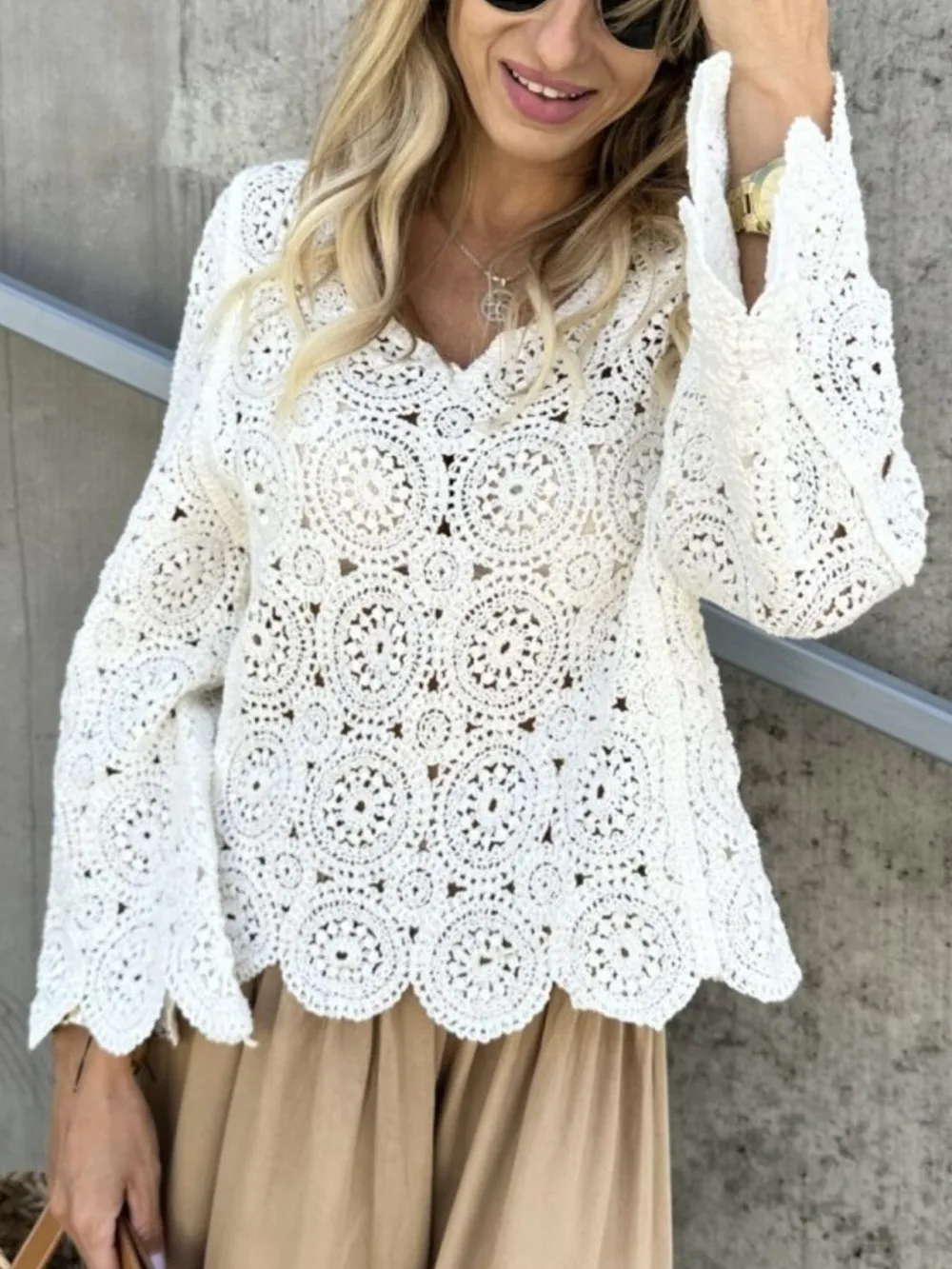 Crochet Lace V-Neck Bell Sleeve Knit Top, image 10