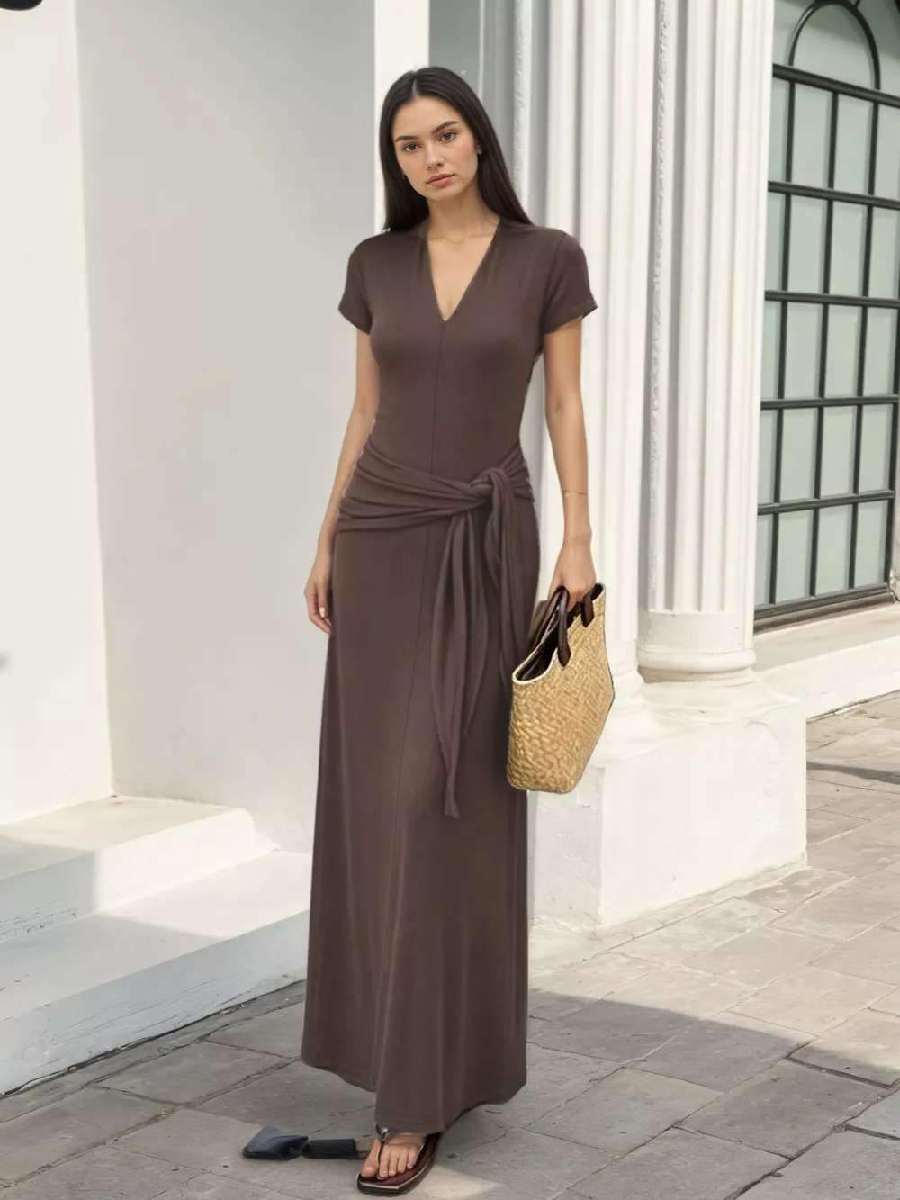 V-Neck Short Sleeve Maxi Dress with Waist-Tie Detail