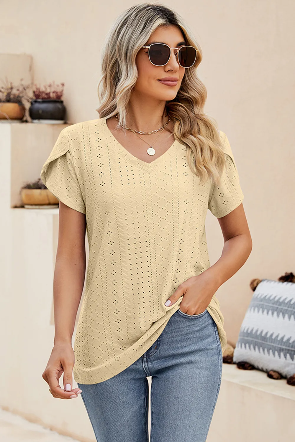 Eyelet V-Neck Petal Sleeve T-Shirt, image 13