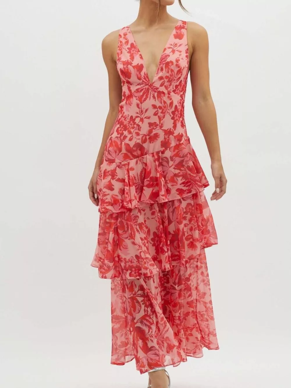 V-Neck Sleeveless Floral Print Layered Ruffle Maxi Dress, image 2
