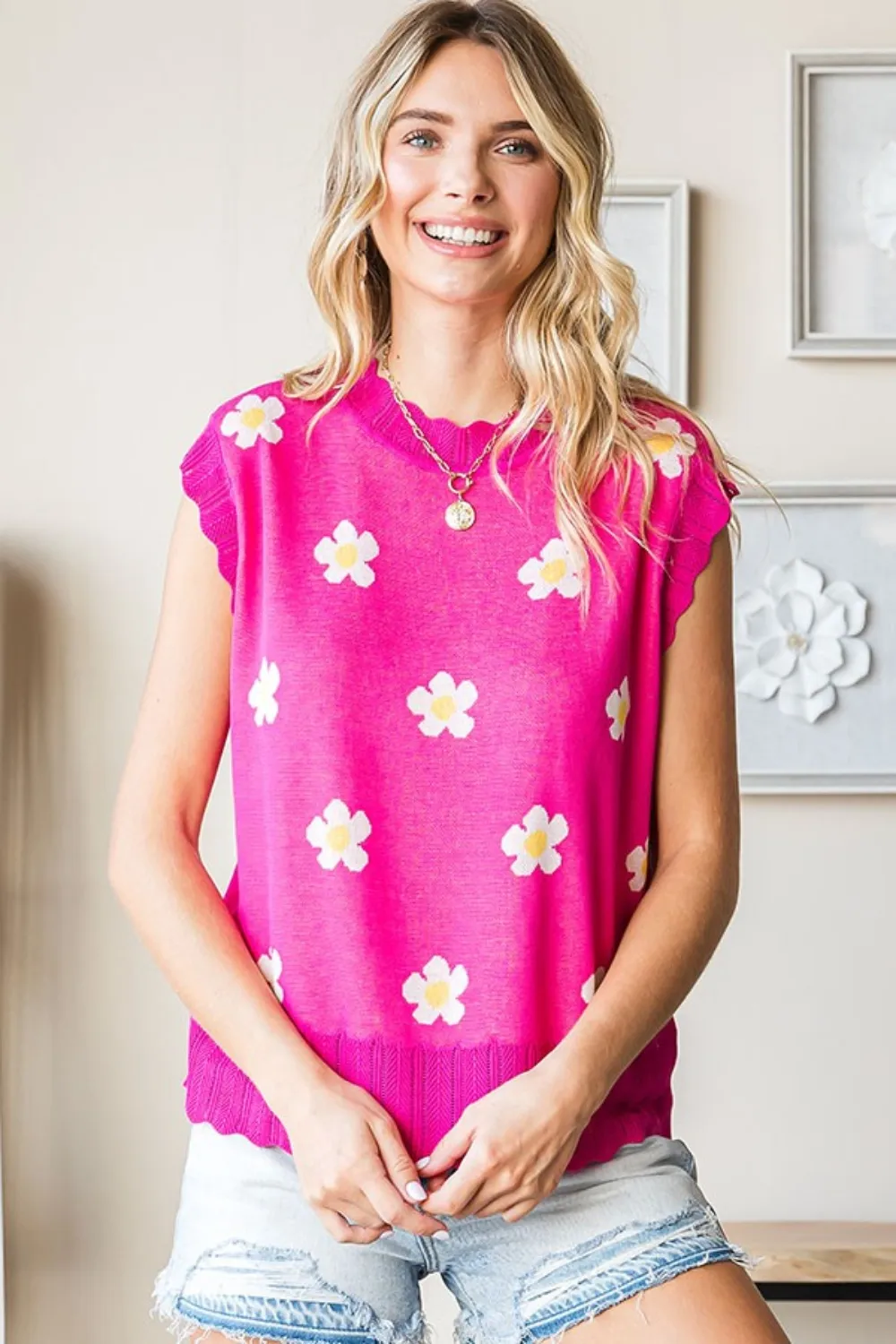 Full Size Flower Pattern Round Neck Sweater Vest, image 5