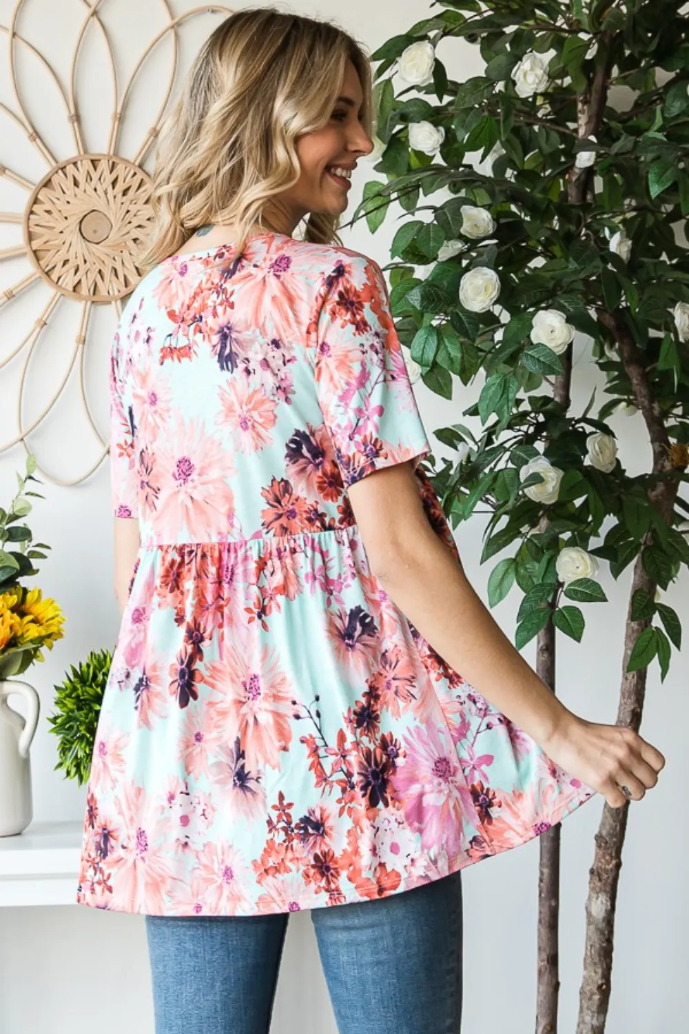 Full Size Floral V-Neck Short Sleeve Babydoll Blouse, image 2