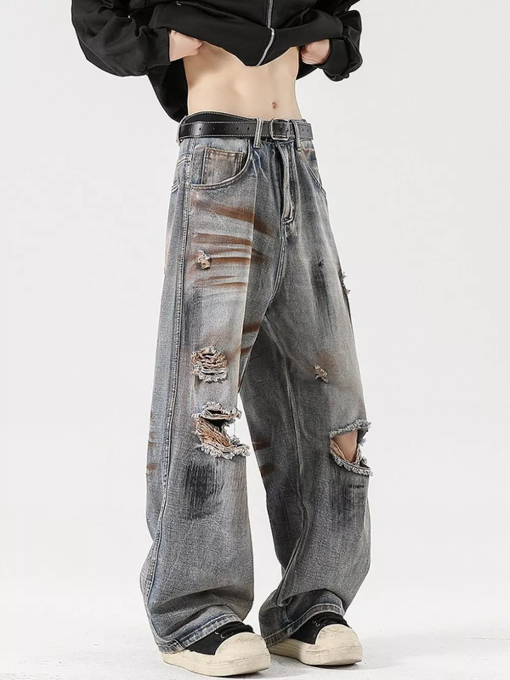 Men's Full Size Distressed Wide Leg Jeans Plus Size