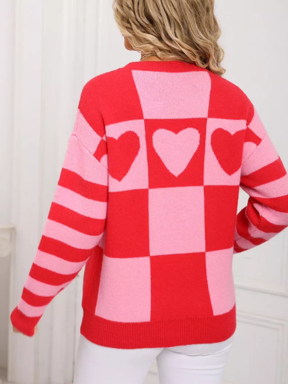 Heart Pattern Checkerboard Knit Sweater, image 7