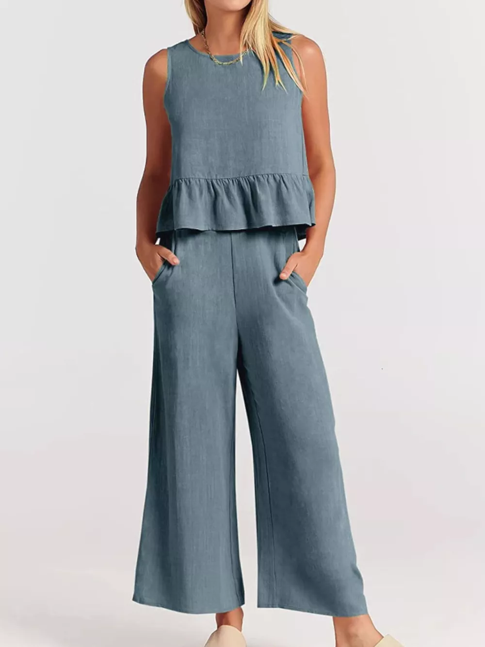 Full Size Ruffled Hem Sleeveless Top and Wide-Leg Pants Set Plus Size, image 2
