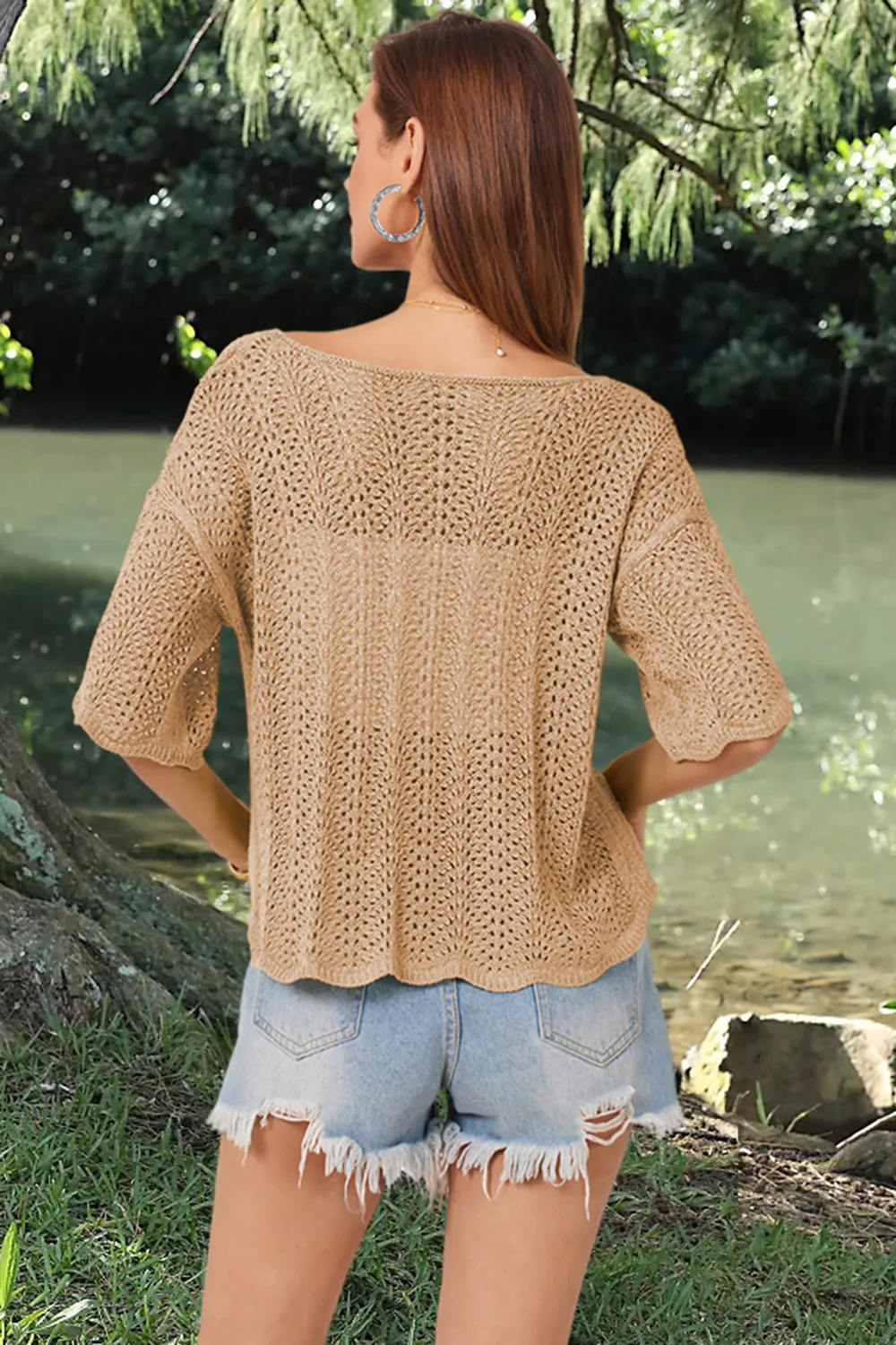 Openwork Round Neck Half Sleeve Knit Top, image 3
