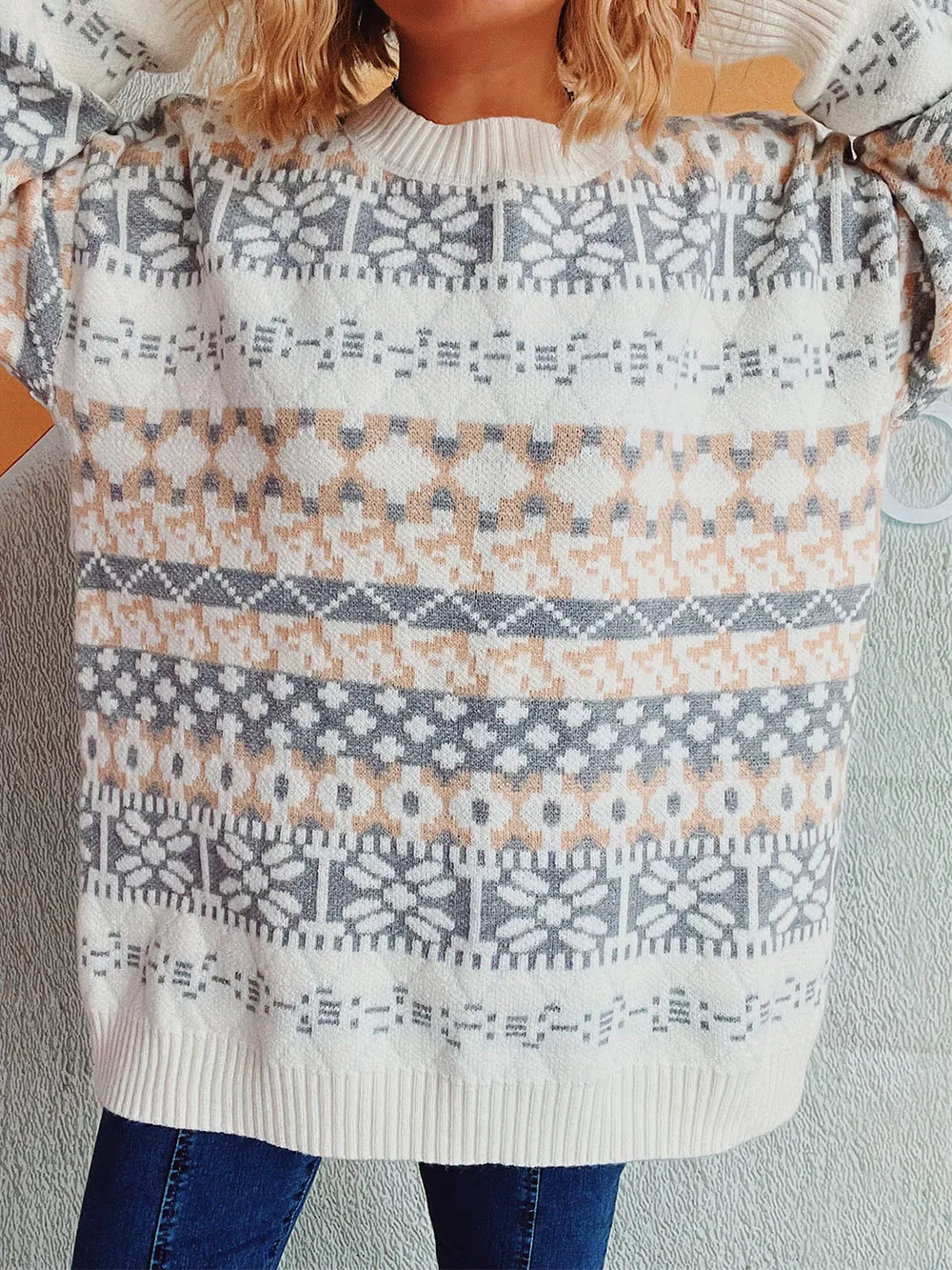 Geometric Round Neck Dropped Shoulder Sweater, image 5
