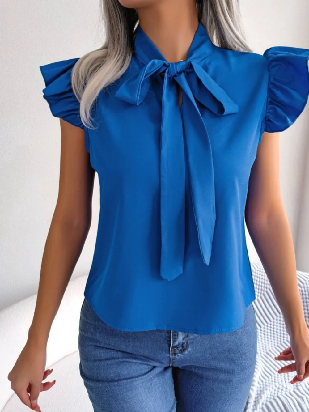 Ruffle Cap Sleeve Bow Tie Blouse, image 7