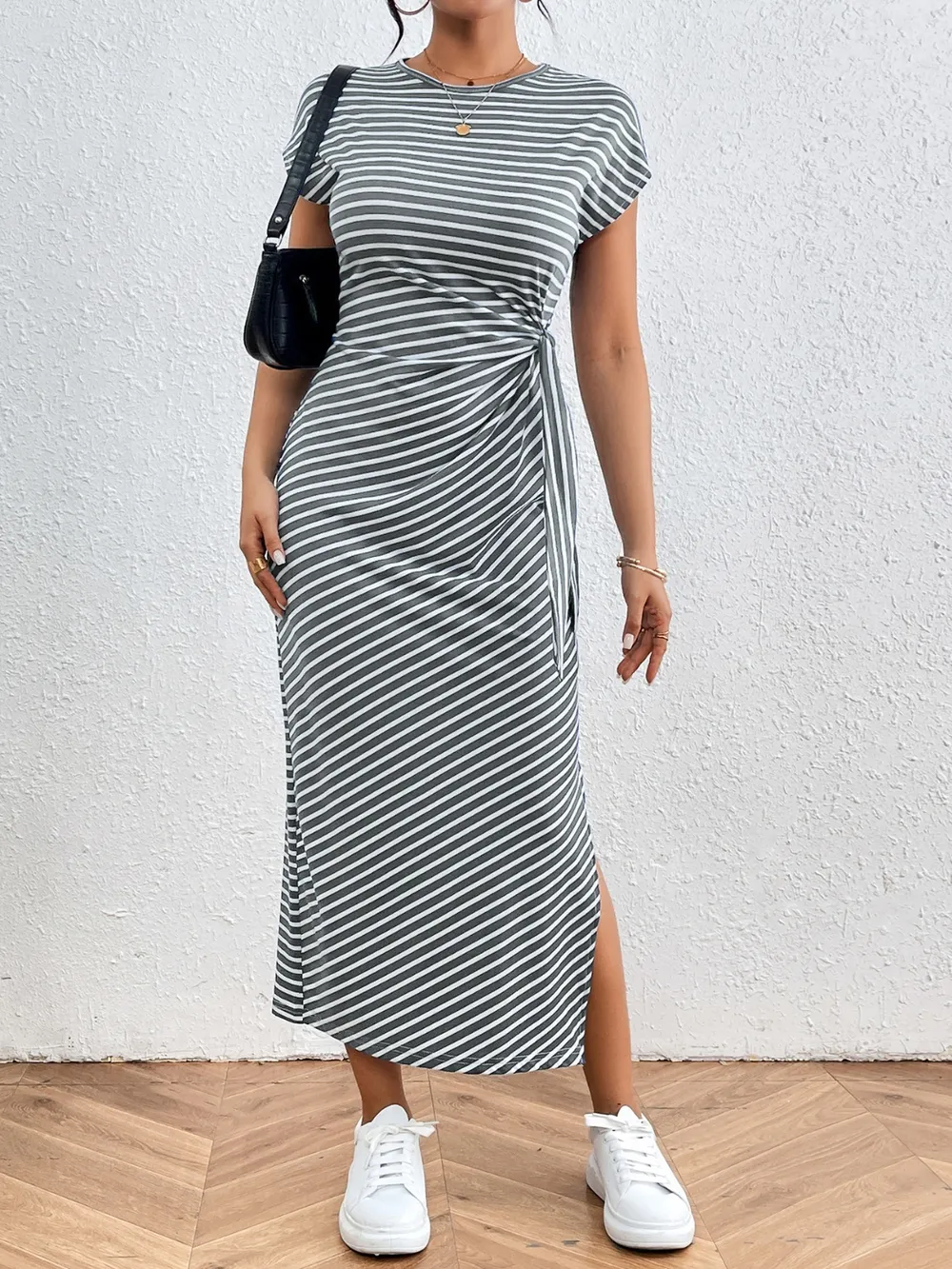 Tied Striped Round Neck Short Sleeve Tee Dress, image 25