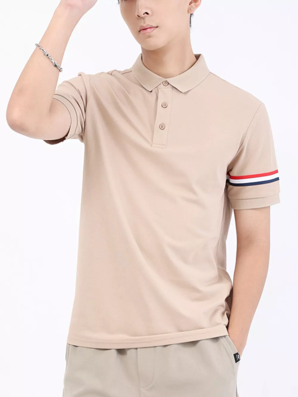 Men's Plus Size Striped Trim Casual Polo, image 2