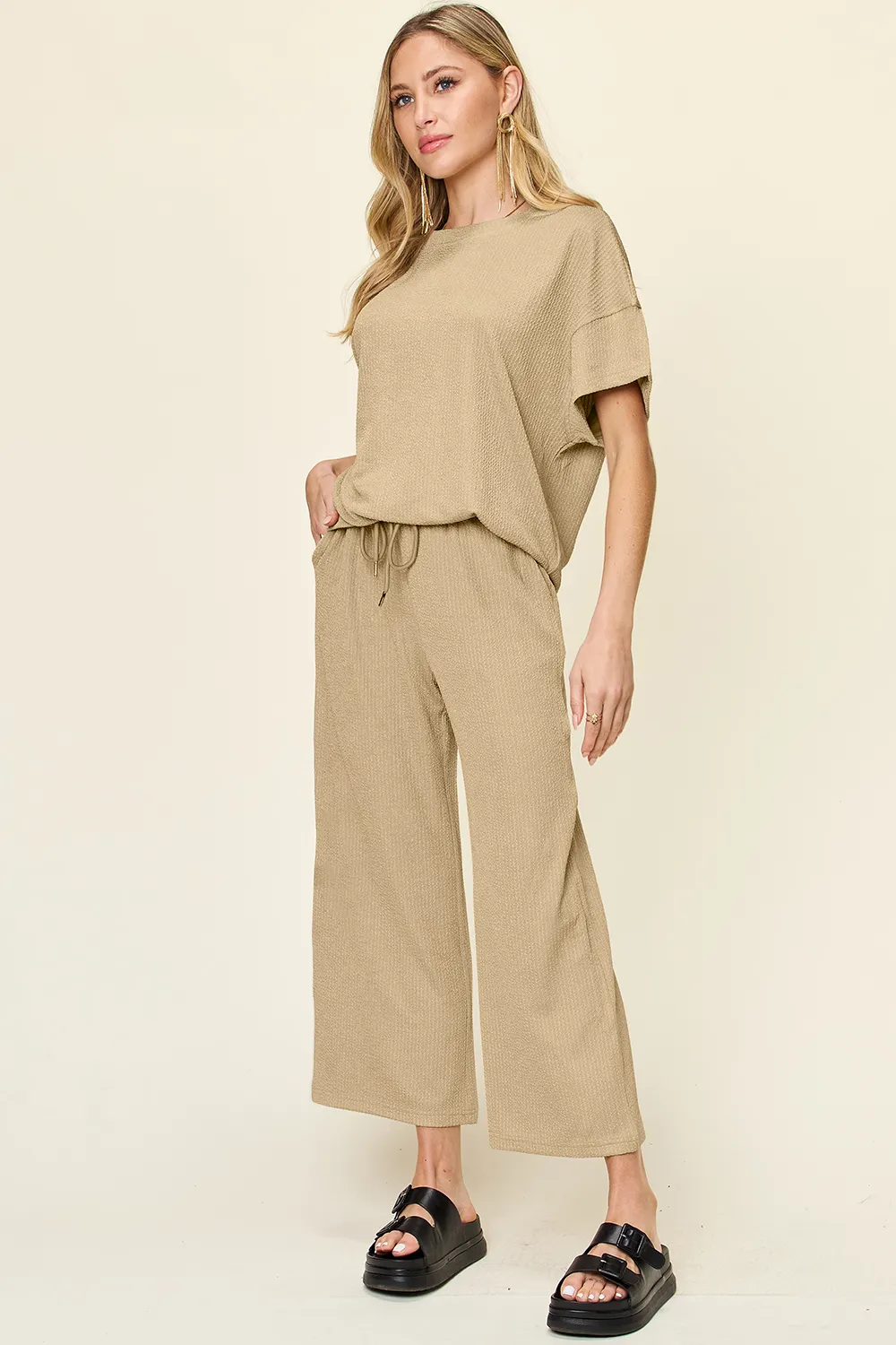 Full Size Texture Round Neck Short Sleeve T-Shirt and Wide Leg Pants, image 30