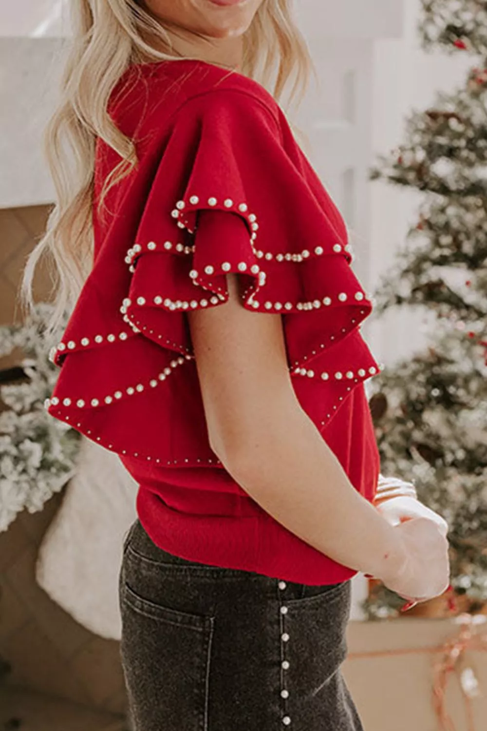 Ruffle Sleeve Pearl Embellished Knit Top, image 5