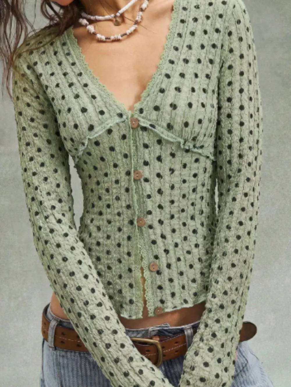 Polka Dot Button Down Textured Long Sleeve Blouse, image 20