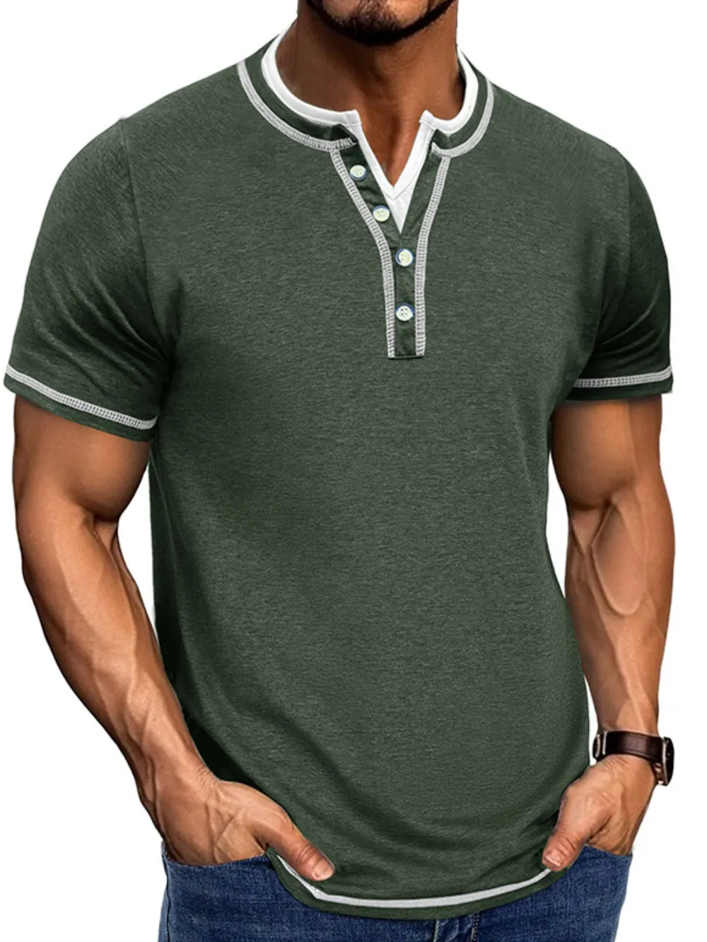 Men's Casual Henley Polo Shirt with Contrast Trim