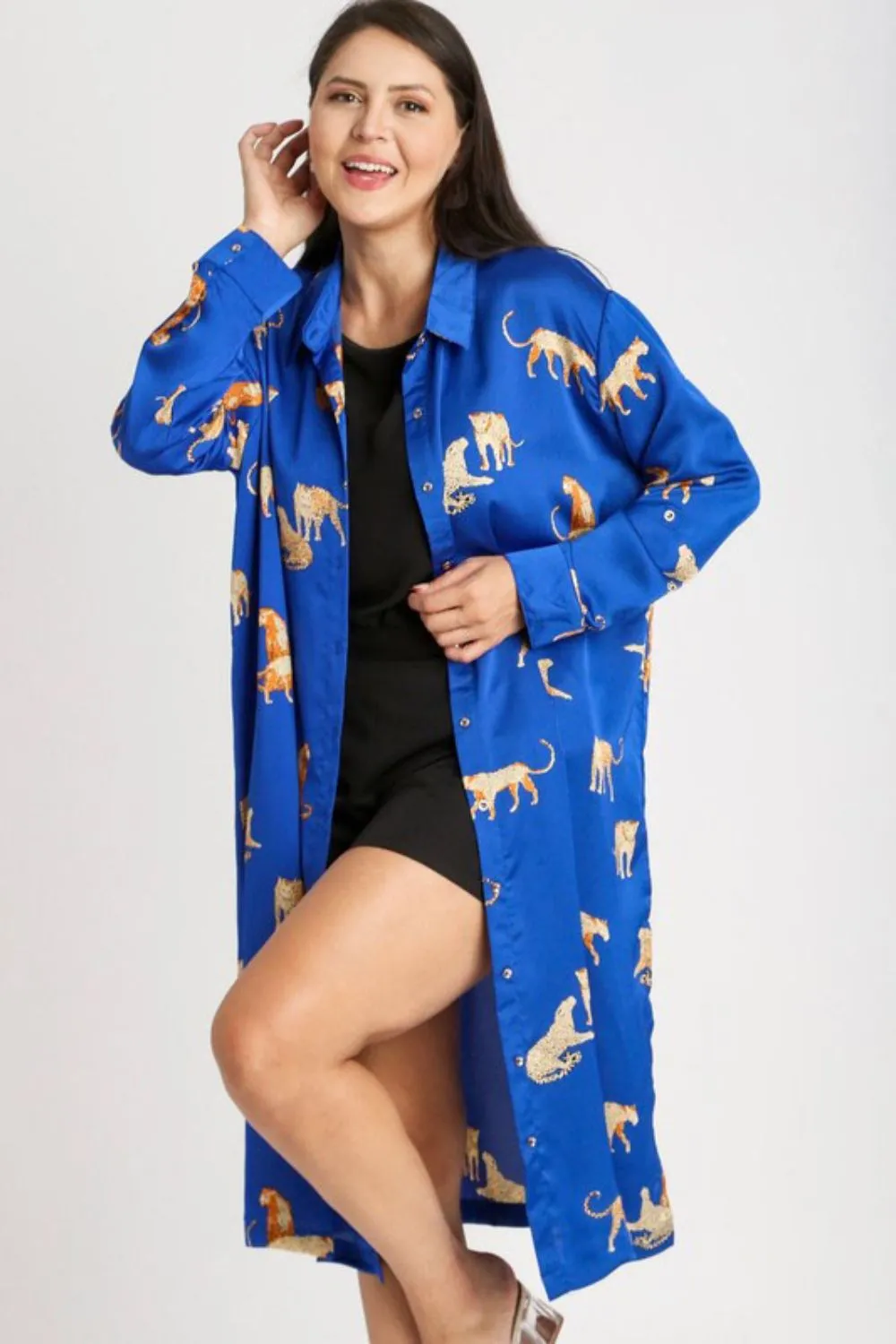 Full Size Animal Print Button Down Midi Shirt Dress Plus Size, image 2