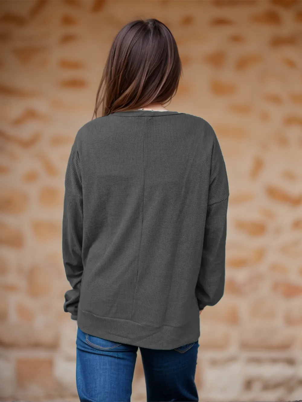 Side Slit Round Neck Long Sleeve T-Shirt, image 2
