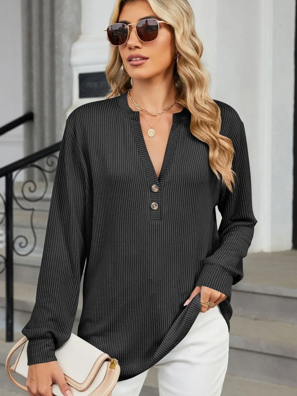 Striped Notched Long Sleeve T-Shirt, image 19