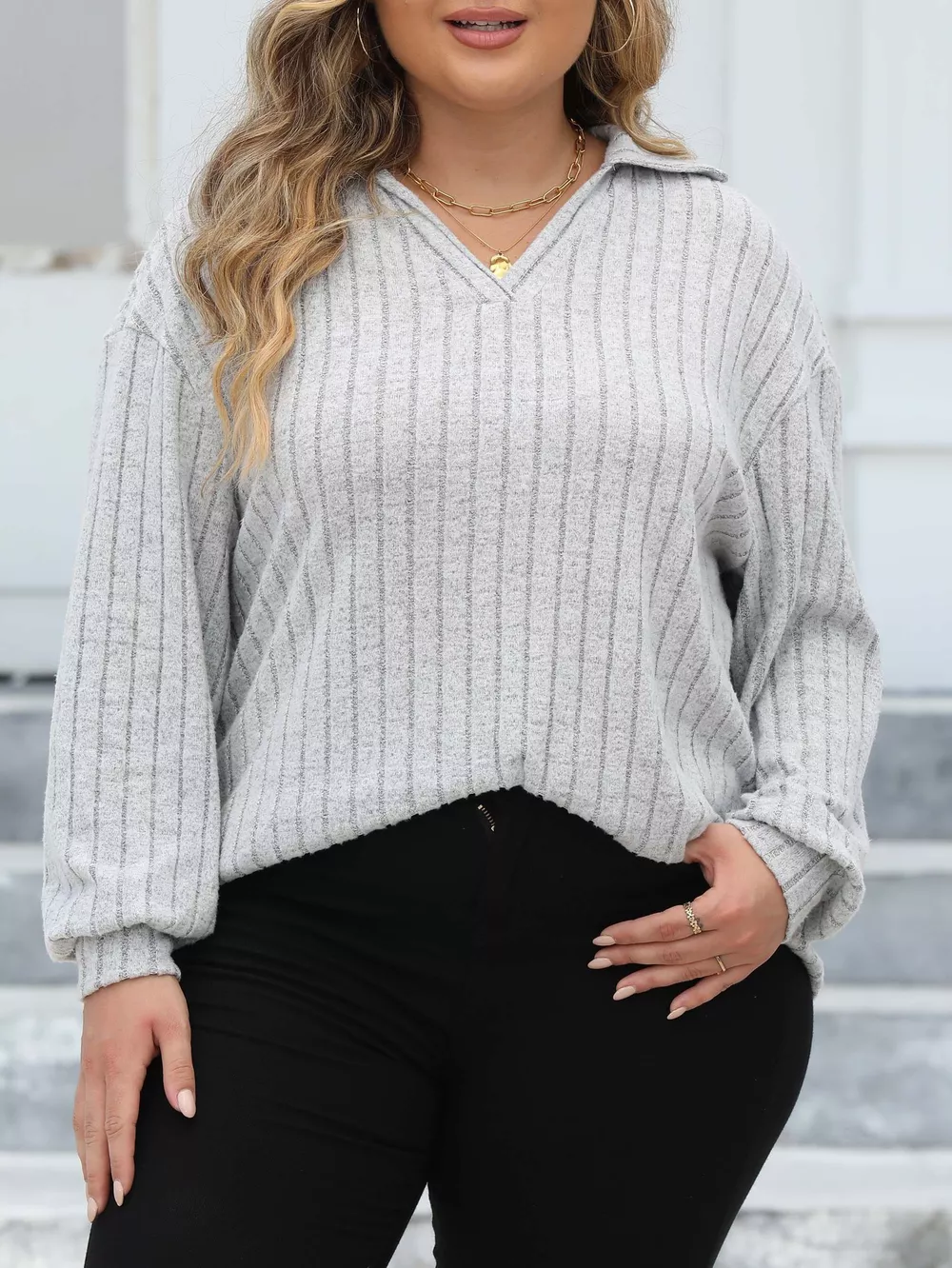 Plus Size Ribbed Knit Polo Collar T-Shirt, image 8