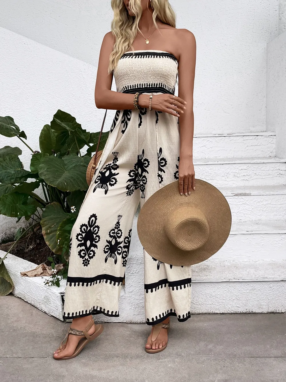 Smocked Printed Wide Leg Jumpsuit, image 7