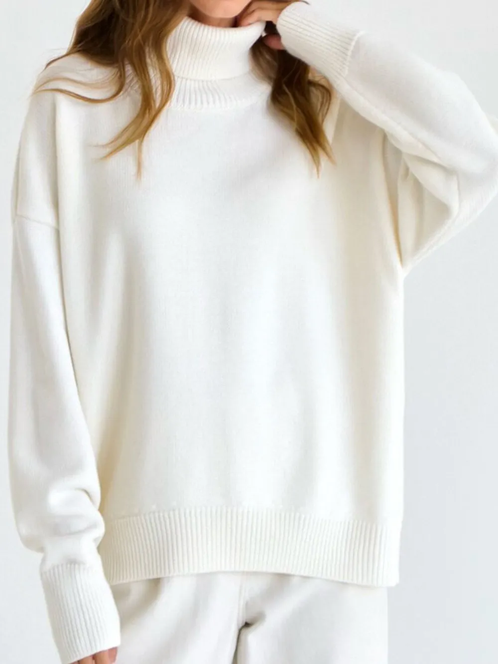 Ribbed Detail Turtleneck Dropped Shoulder Sweater, image 3