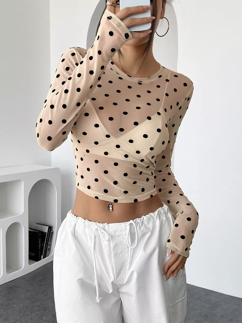 Polka Dot Mesh Long Sleeve Top, image 6