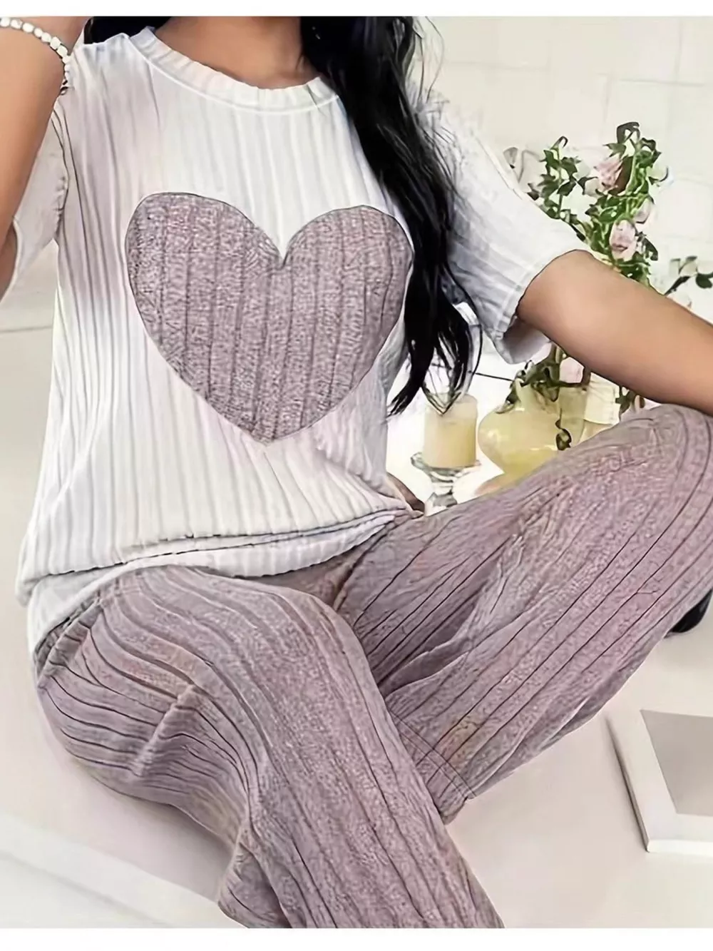 Heart Ribbed Knit Top and Pants Lounge Set, image 6