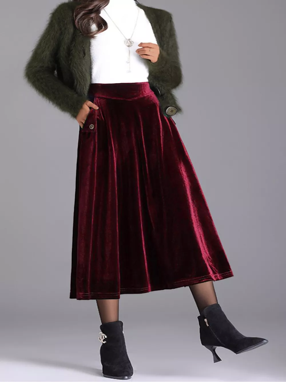 Plus Size Elegant Velvet A-Line Midi Skirt, image 6
